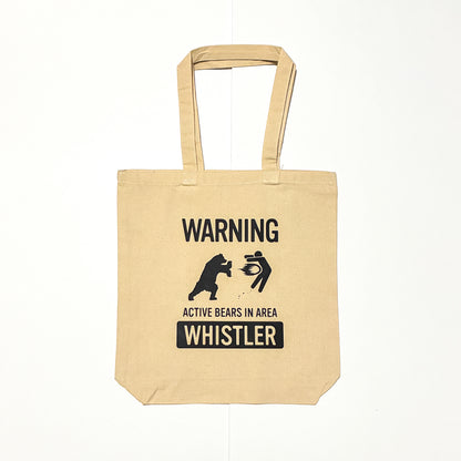 12L heavy canvas tote bag with bottom gusset "ACTIVE BEARS IN AREA - WHISTLER"